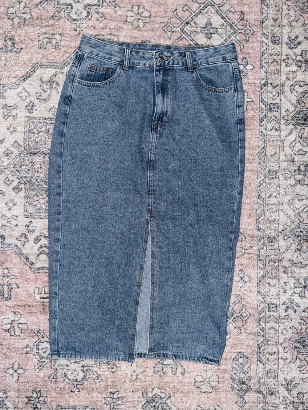 SHEIN Medium Blue High-Waist Denim Midi Skirt with Front Slit
